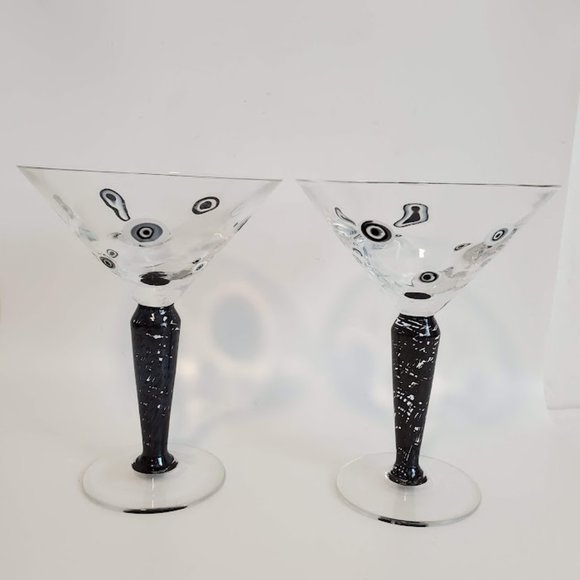 Murano Dining Murano Black White Murrine Swirl Millefiori Art Cocktail Martini Glasses Set